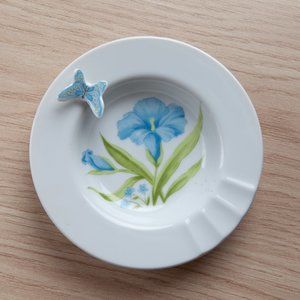 Vintage Ashtray with Blue Butterfly & Flower Ceramic Pretty Trinket Dish 5.5"